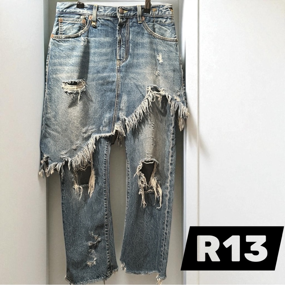 R13 BLUE DOUBLE CLASSIC SHREDDED HEM JEANS (SZ 27) (EUC)